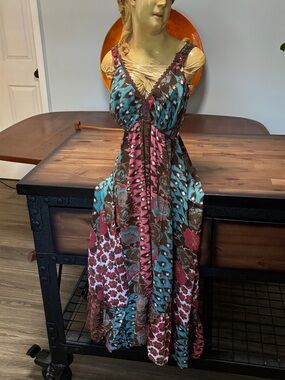 ADORBS! Urban Nomad Floral V-Neck Maxi Dress in Teal, Pink & Brown.